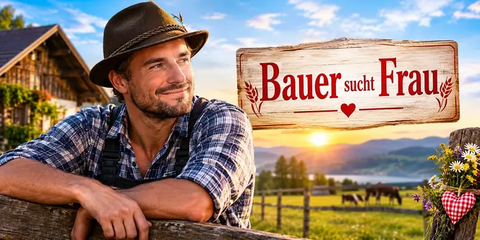 Bauer sucht Frau Friedrich – romantische Bauernhof-Kulisse mit Bauer bei Sonnenuntergang