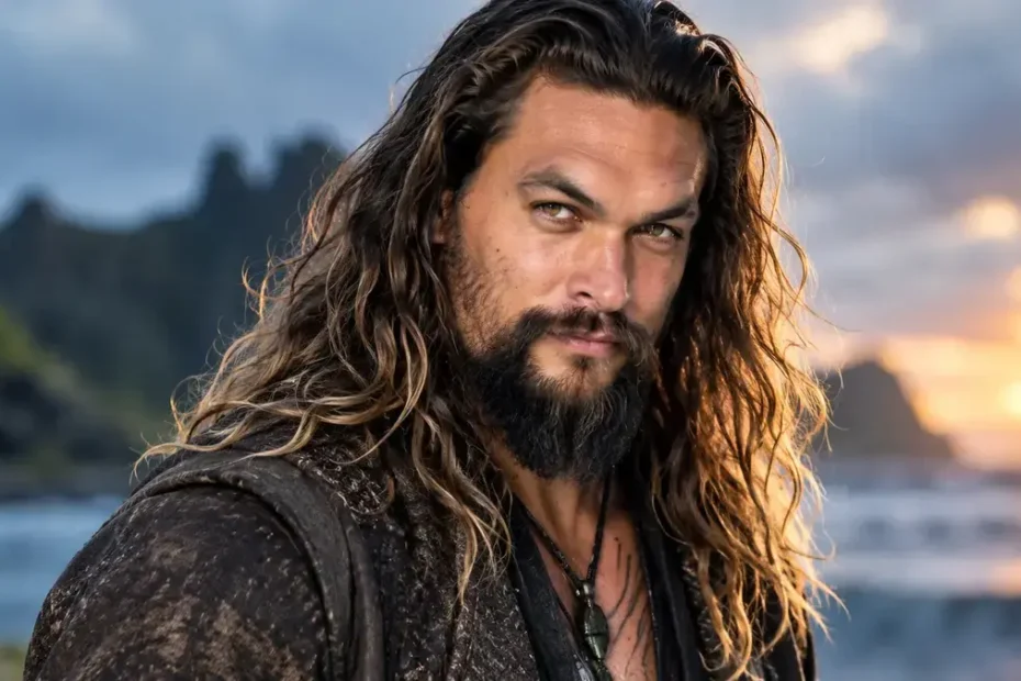 Jason Momoa portrait with long hair and beard against a sunset coastal background