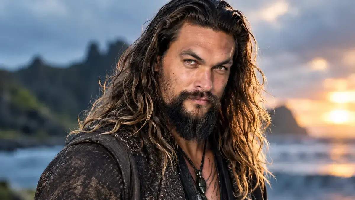 Jason Momoa portrait with long hair and beard against a sunset coastal background