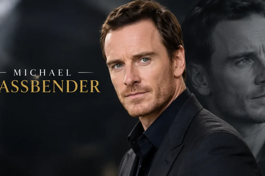 Michael Fassbender portrait in a black suit with cinematic dark background