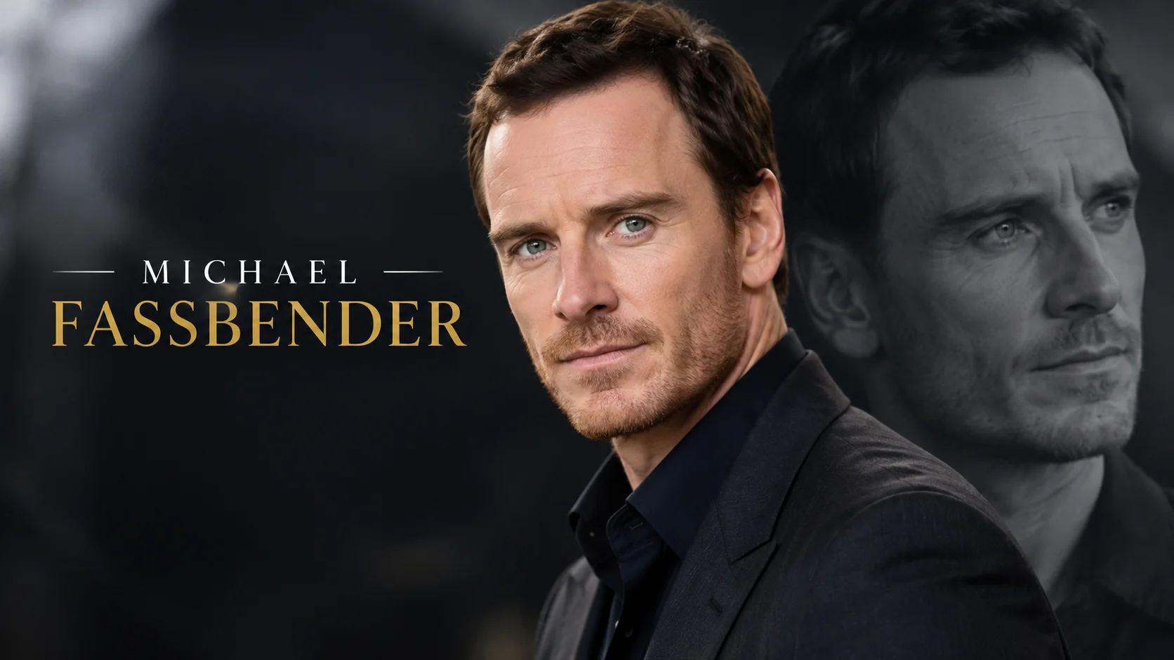 Michael Fassbender portrait in a black suit with cinematic dark background