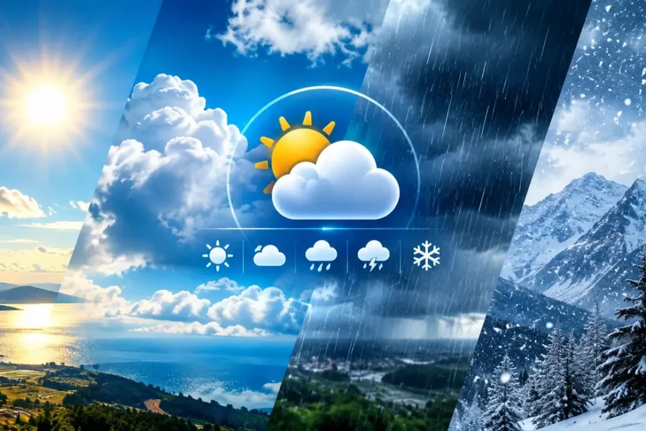 Wetter weather forecast showing sunny, cloudy, rainy and snowy conditions