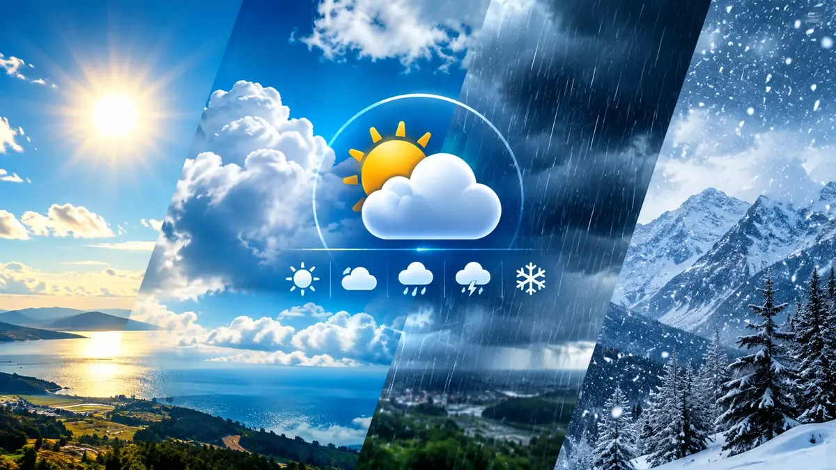 Wetter weather forecast showing sunny, cloudy, rainy and snowy conditions