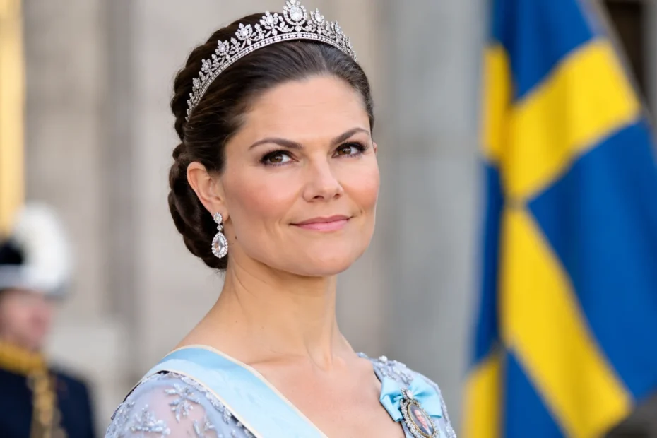 Victoria von Schweden in einem eleganten hellblauen Kleid mit Tiara vor einer schwedischen Flagge