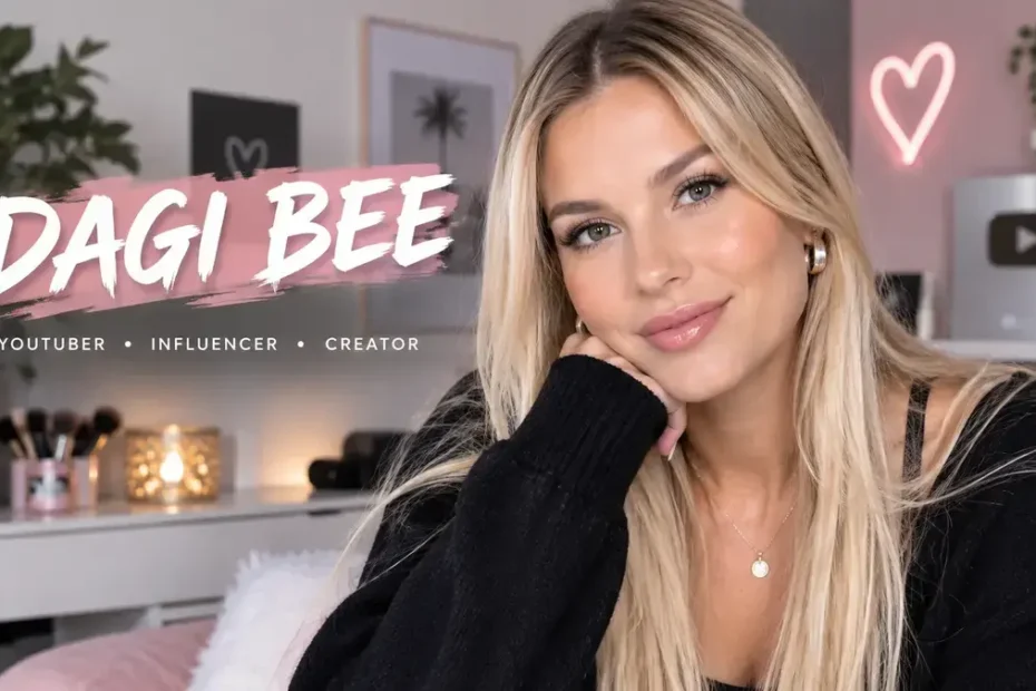 Dagi Bee portrait in a stylish creator room with Dagi Bee text