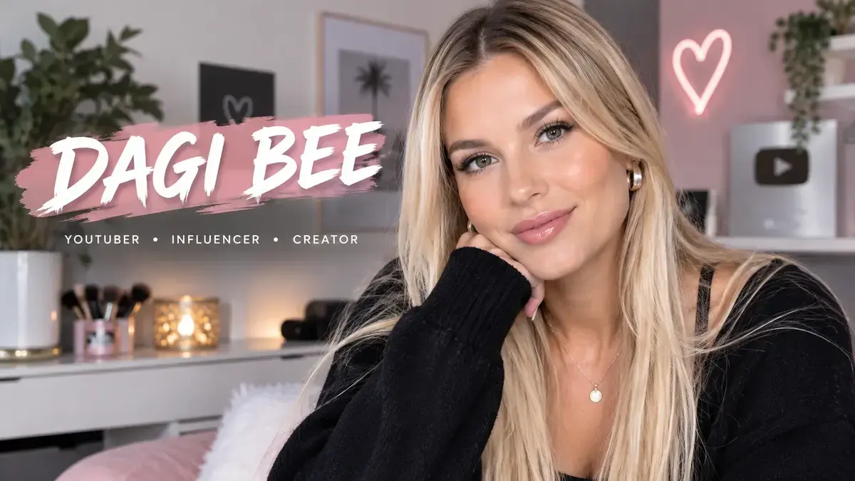 Dagi Bee portrait in a stylish creator room with Dagi Bee text