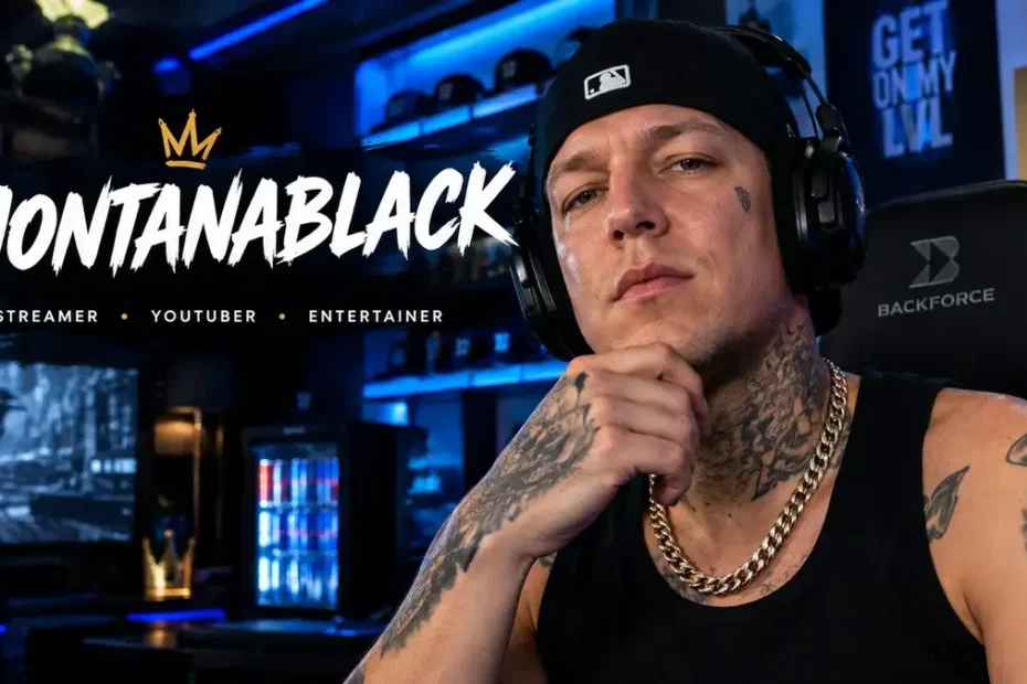 MontanaBlack wearing a black cap and headset in a blue neon gaming room