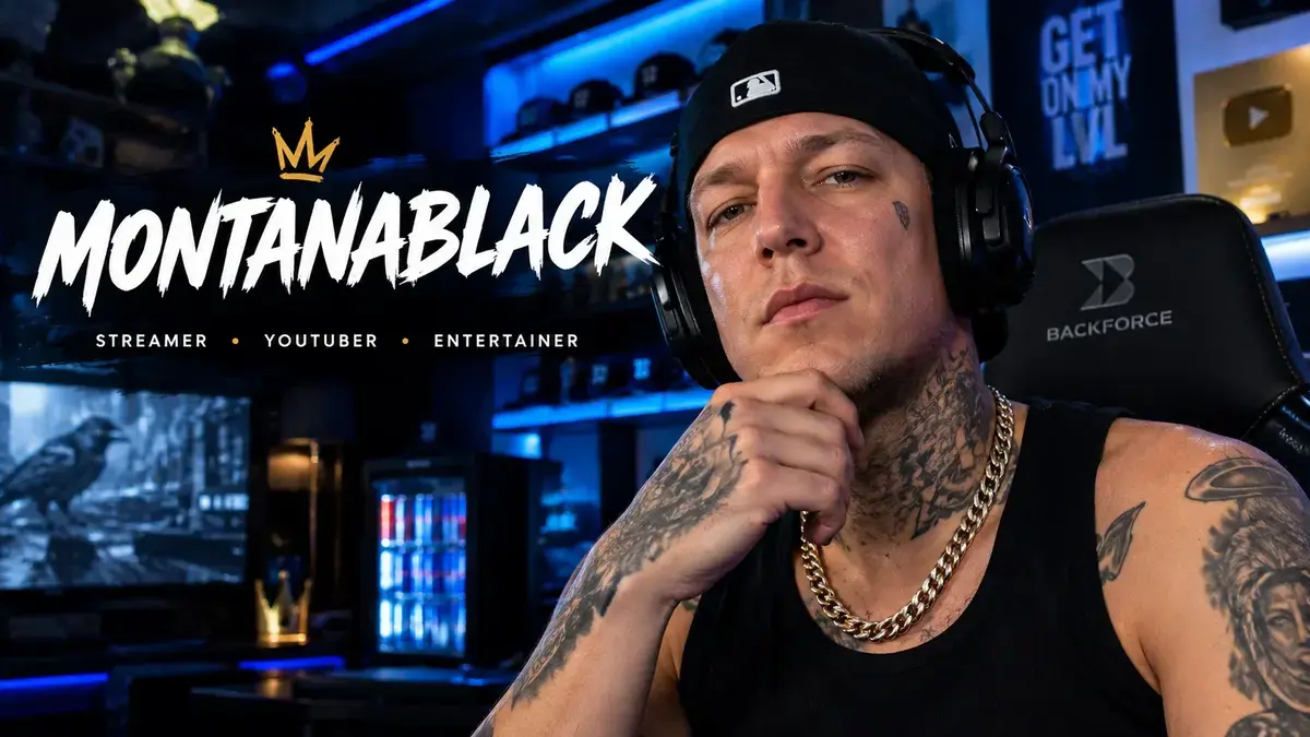 MontanaBlack wearing a black cap and headset in a blue neon gaming room