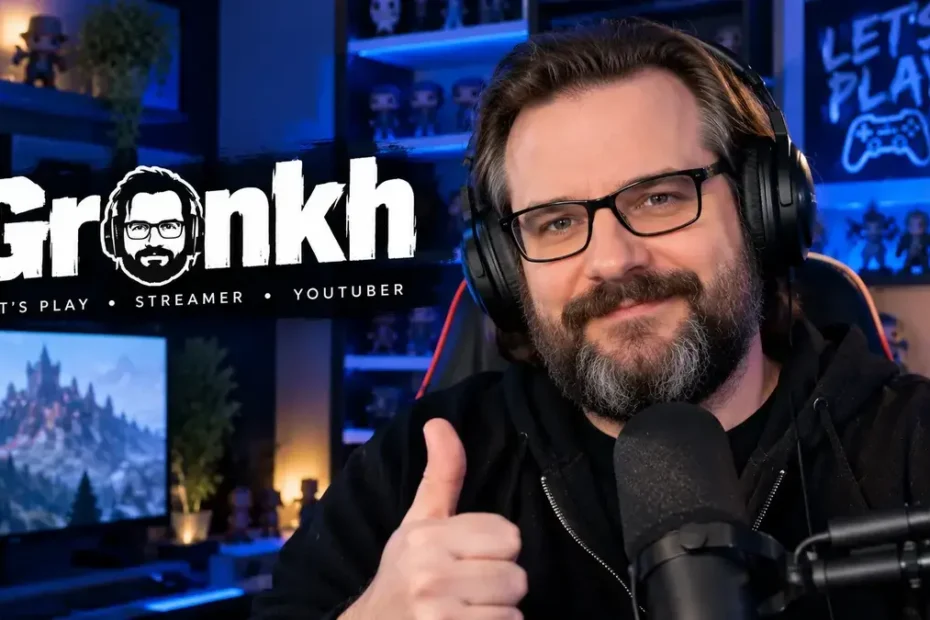 Gronkh wearing headphones and glasses in a blue-lit gaming studio