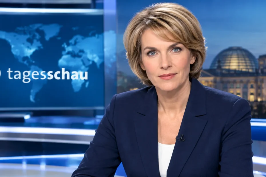 Marietta Slomka in a professional German television news studio