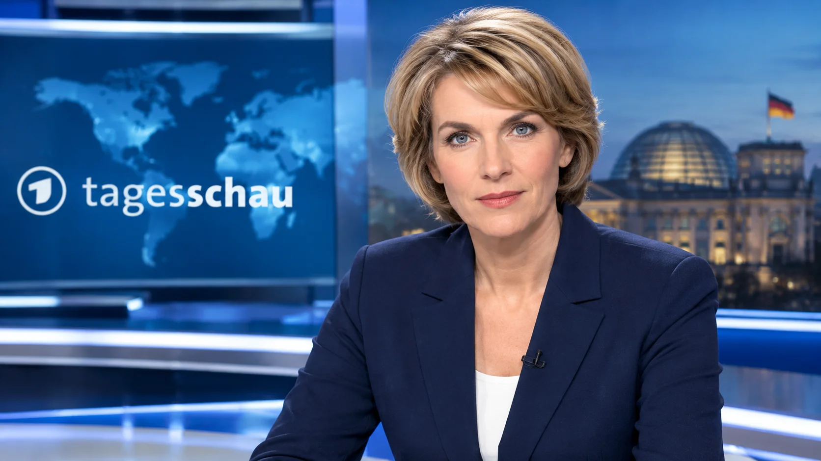 Marietta Slomka in a professional German television news studio