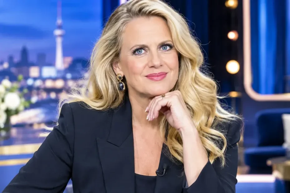 Barbara Schöneberger portrait in a professional blue television studio