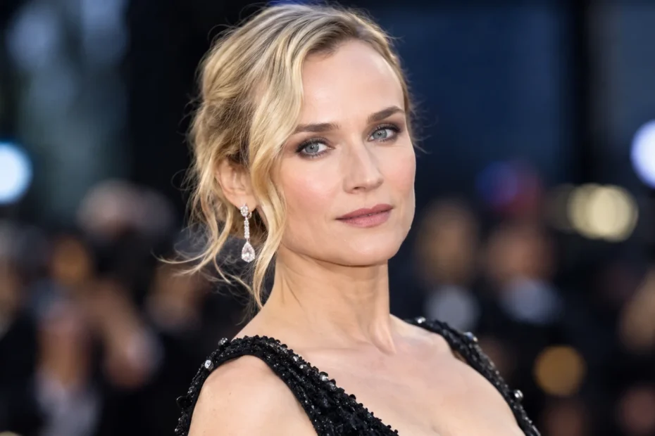 Diane Kruger-inspired blonde actress portrait in a glamorous black evening gown at a red-carpet event