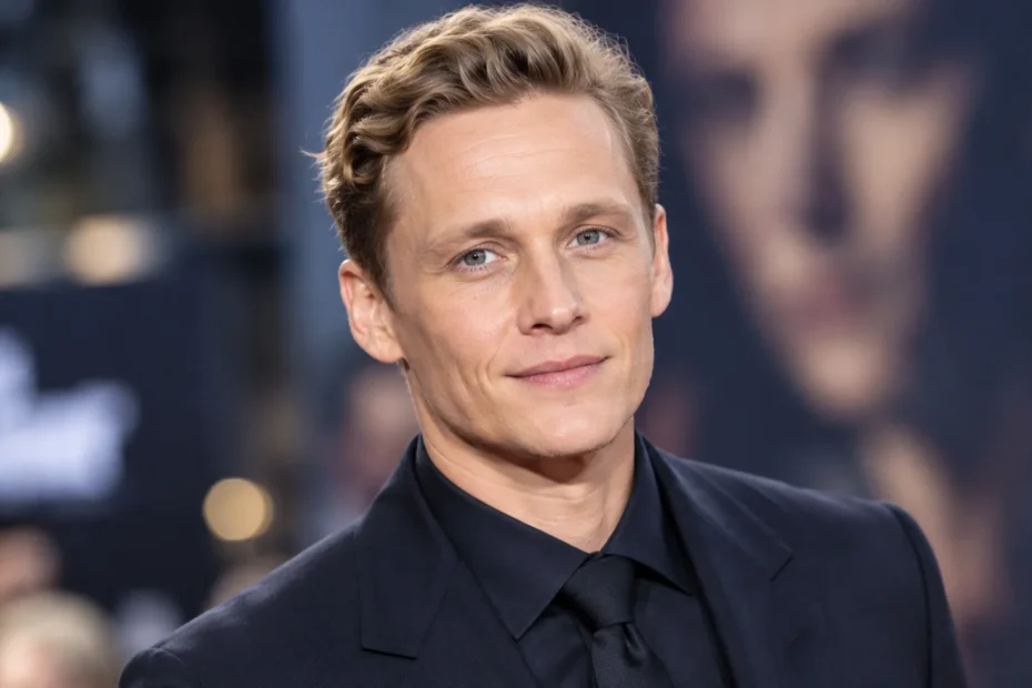 Matthias Schweighöfer-inspired male actor portrait in a dark suit at a red-carpet event