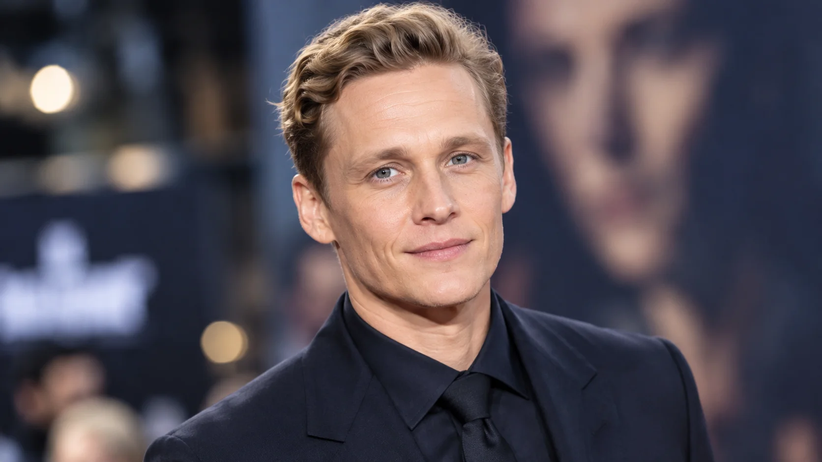 Matthias Schweighöfer-inspired male actor portrait in a dark suit at a red-carpet event